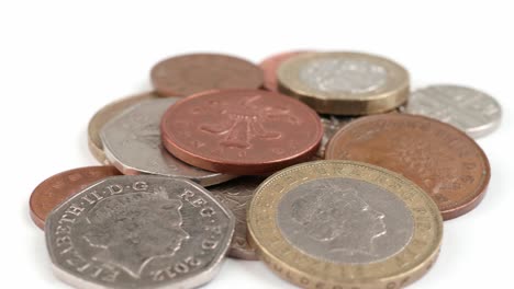 uk currency pounds coins rotating close up footage against the white background