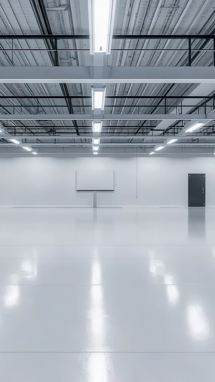 Vertical video: Focusing panel centered at rear wall with camera zooming to highlight shiny floor