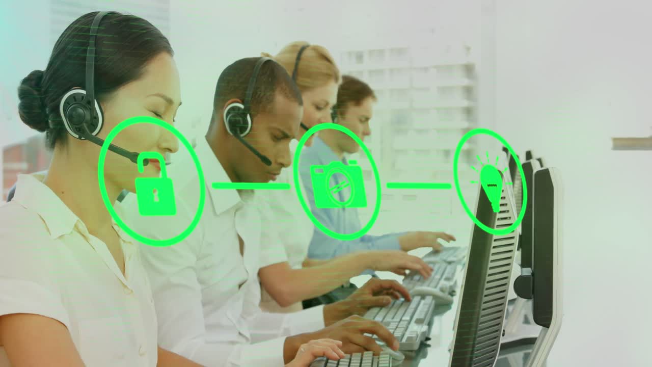 Network of digital icons against customer care executives wearing headset