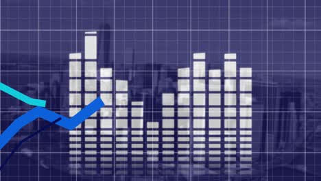 equalizador de música y gráficos azules moviéndose sobre la red de rejilla contra el paisaje urbano
