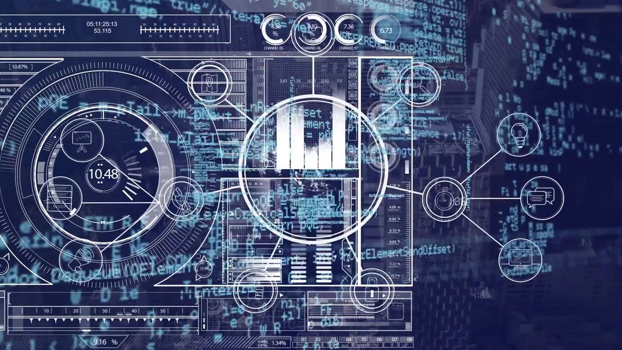 Animation of data processing and connections with icons over cityscape