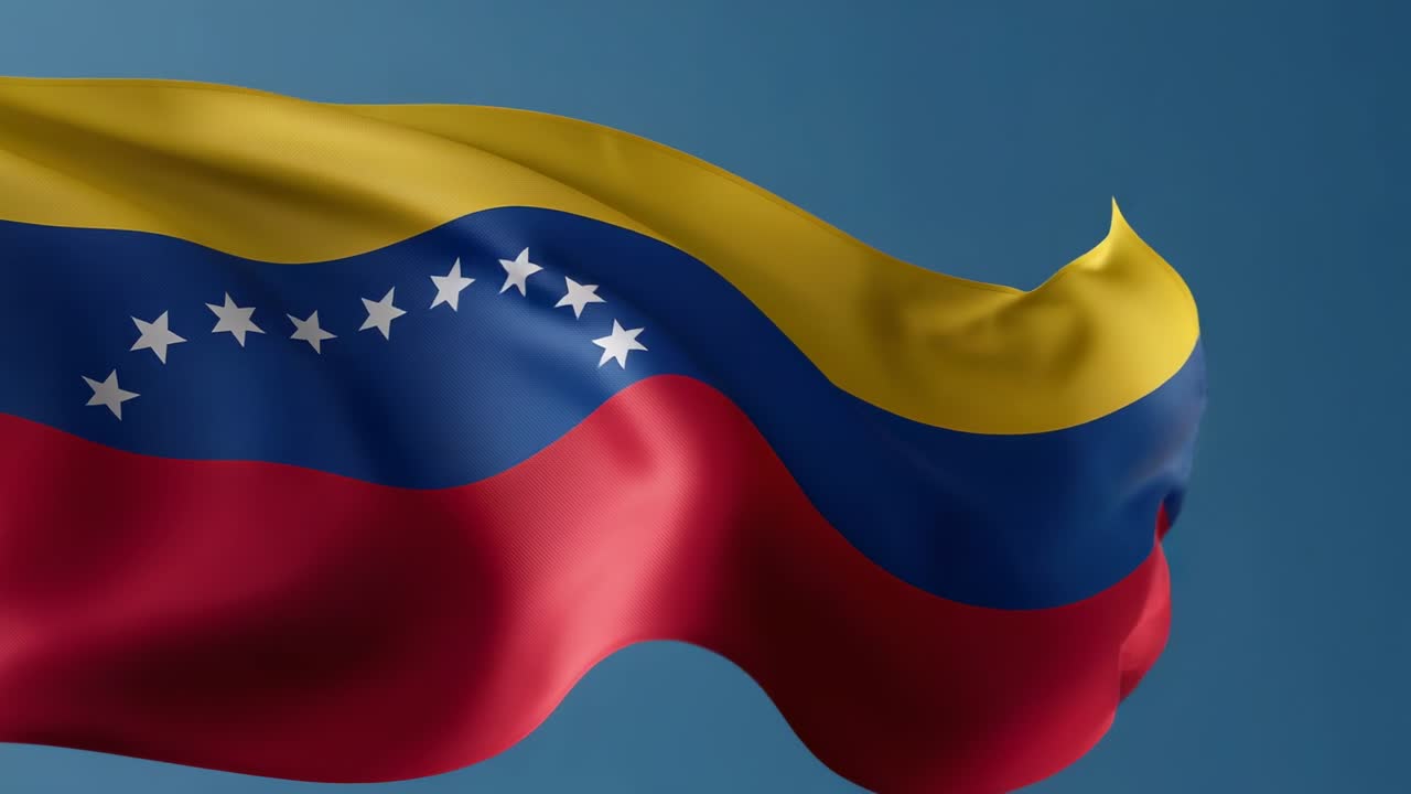 Bandeira venezuelana tremulando ao vento forte contra um céu azul claro, mostrando estrelas brancas.