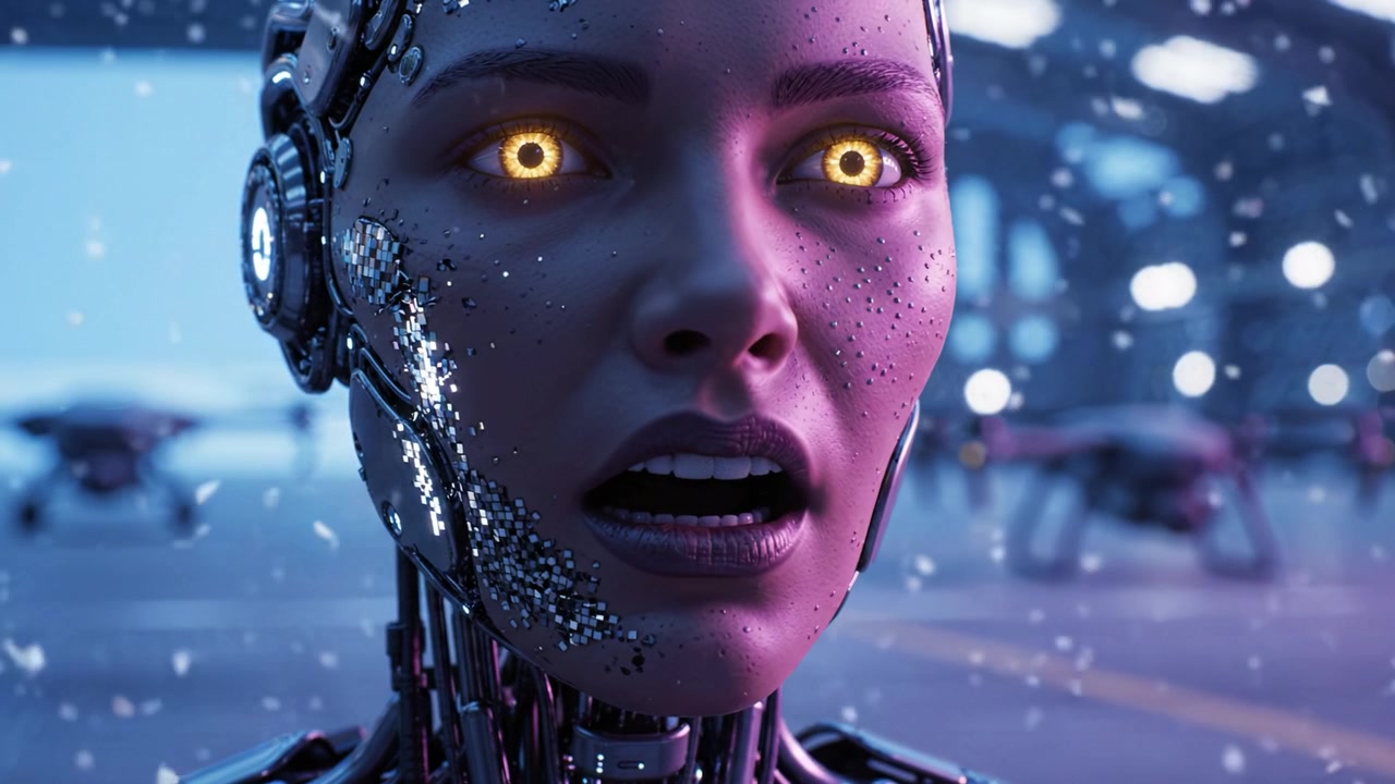 Uno splendido primo piano di un robot futuristico con occhi luminosi che prova emozioni in un ambiente fantascientifico innevato in un contesto ad alta tecnologia