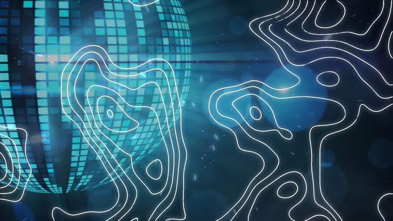 Animation of isohypses over mirror ball on dark blue background