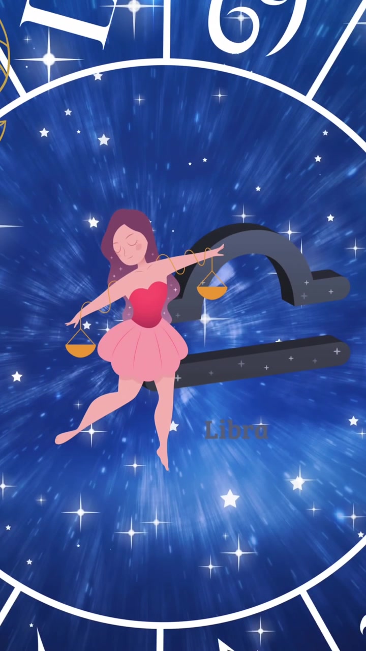 Animazione dei segni zodiacali Toro e Bilancia su un segno zodiacale rotante e cieli su sfondo blu.