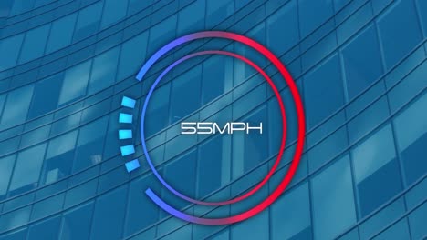 animation of speedometer data processing against view of tall building