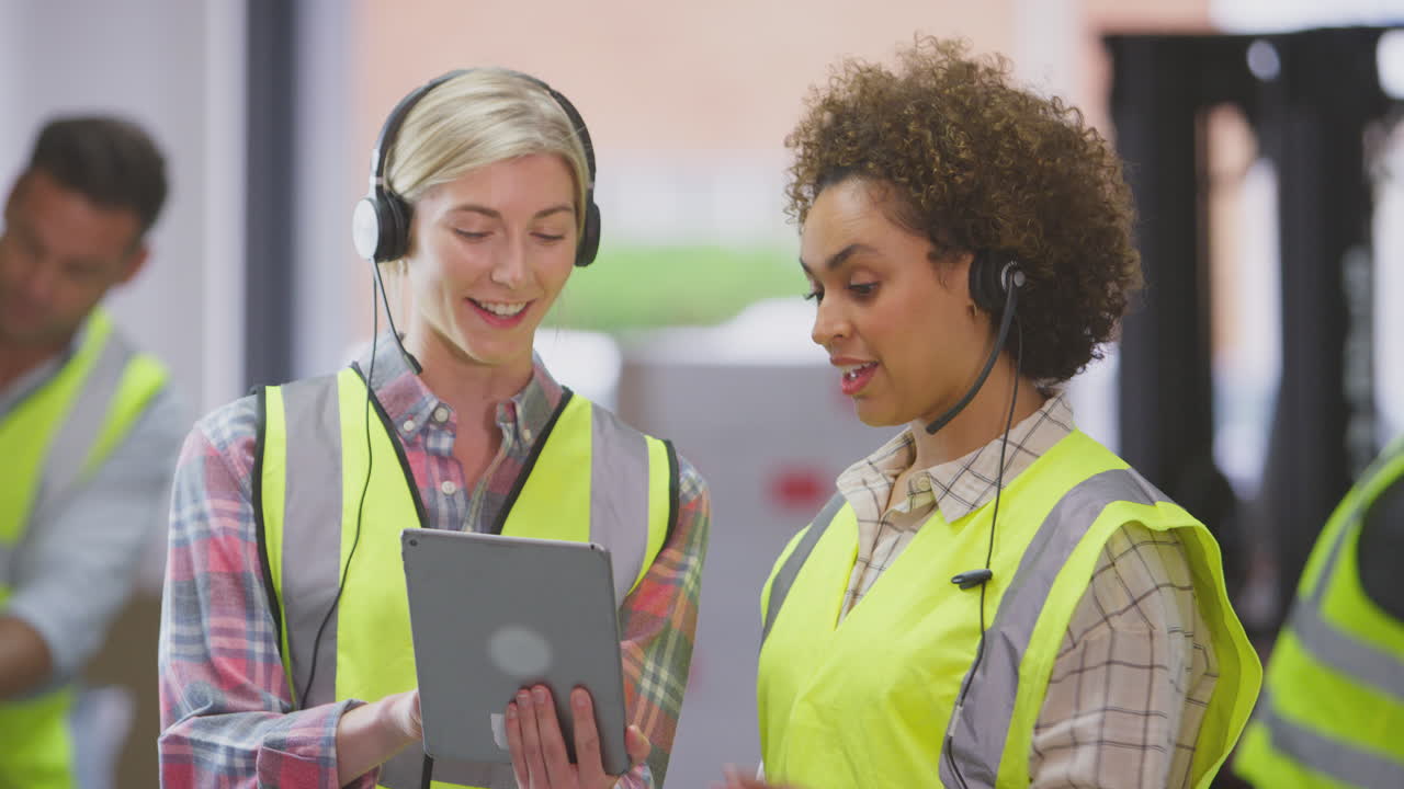 dos trabajadoras que usan auriculares en un almacén de distribución de logística usando una tableta digital