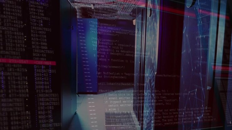 Red glitch lines streaking server corridor, code columns emerging and intensifying to show breach