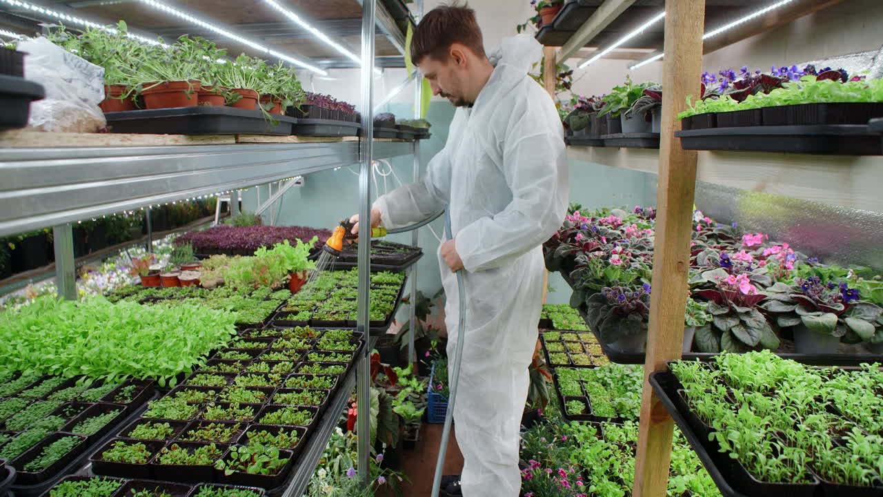 Worker Watering Plants in a Controlled Environment