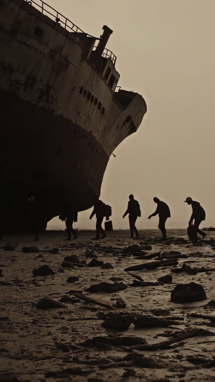 People exploring a shipwreck on a beach