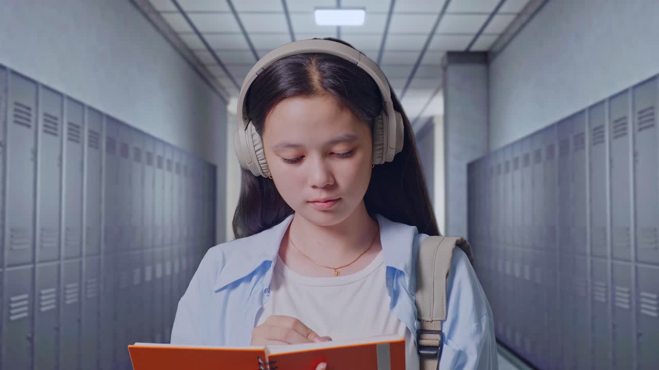 복도 에 서 있는 동안 헤드폰 을 착용 하고 노트북 에 메모 를 쓰고 있는 배 을 들고 있는 아시아 청소년 여자 학생 의 근접 사진