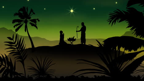 animation of silhouette of nativity scene over green background