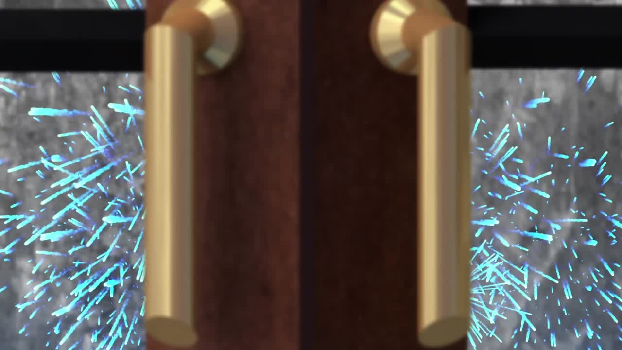 검은 바탕에 폭발하는 불꽃놀이에 대한 크리스마스 트리와 나무 창문 프레임