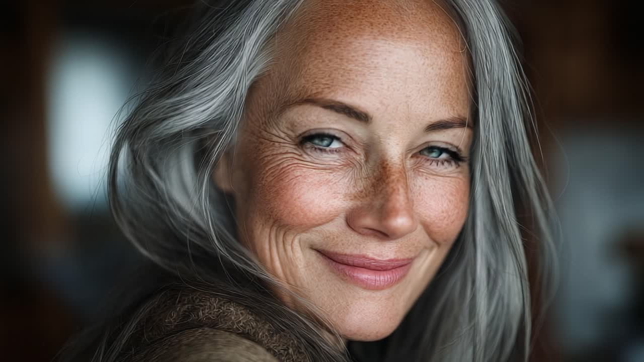 Captivating Portrait of a Mature Woman with Silver Hair and Expressive Blue Eyes, Radiating Warmth and Confidence in a Natural Setting
