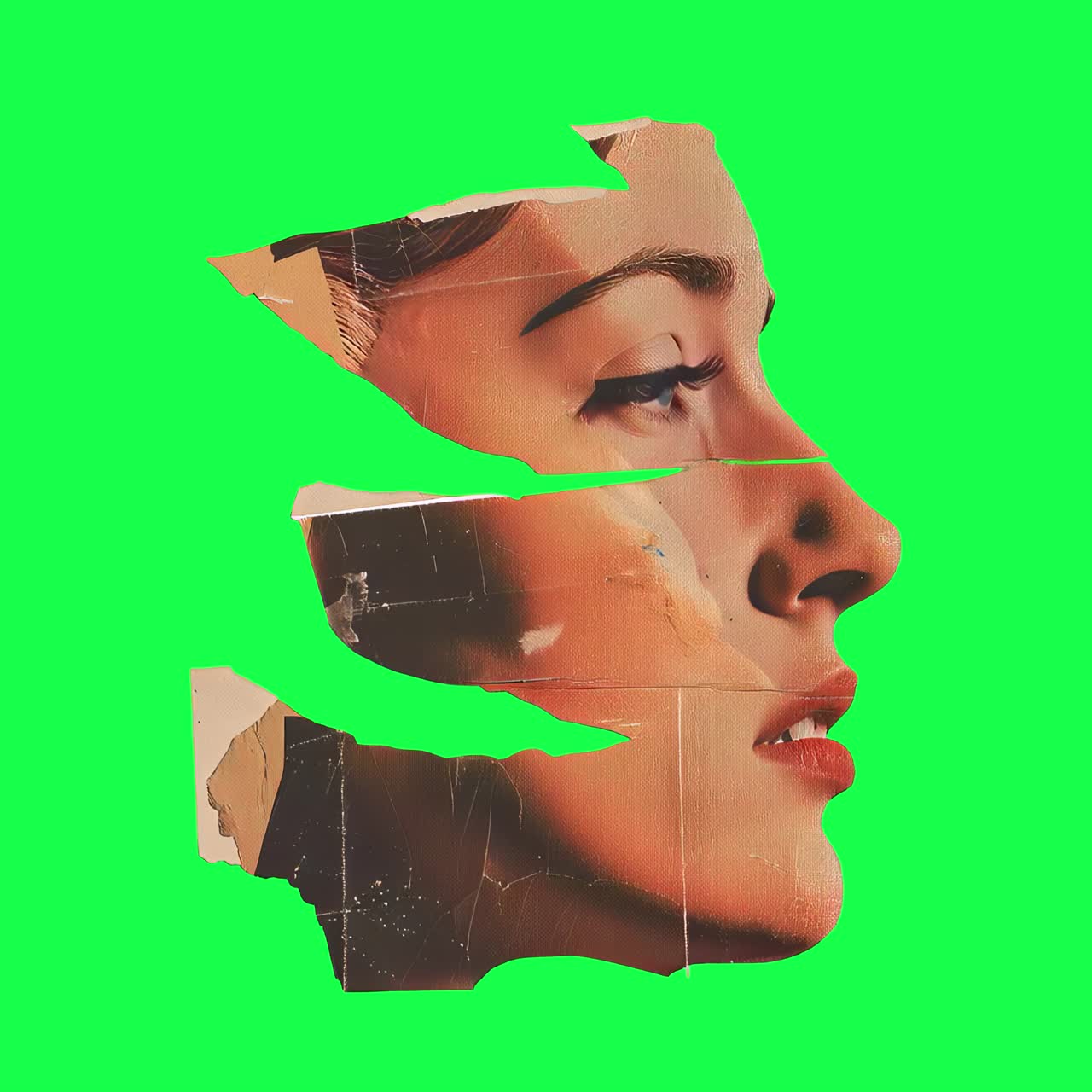 Abstract face collage art animation, transparent 4K video, green screen