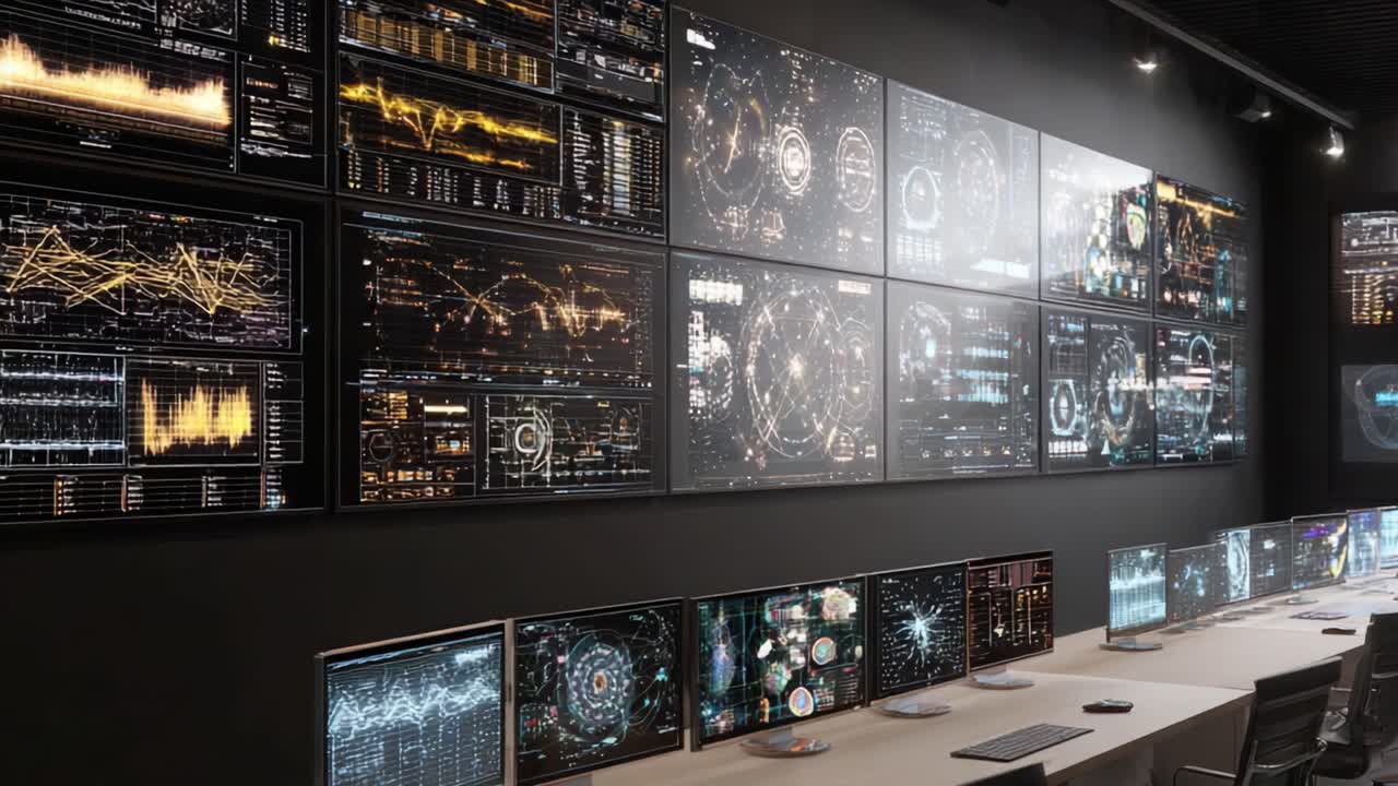 Sala di controllo avanzata che mostra analisi e visualizzazioni di dati complessi su monitor e schermi multipli, evidenziando capacità di monitoraggio e analisi ad alta tecnologia.