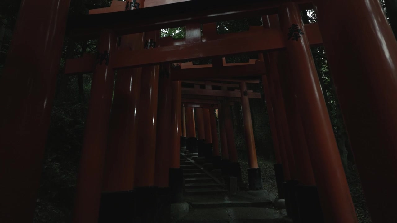 Fushimi Inari-taisha at evening, stairs and Torii, no people around ...