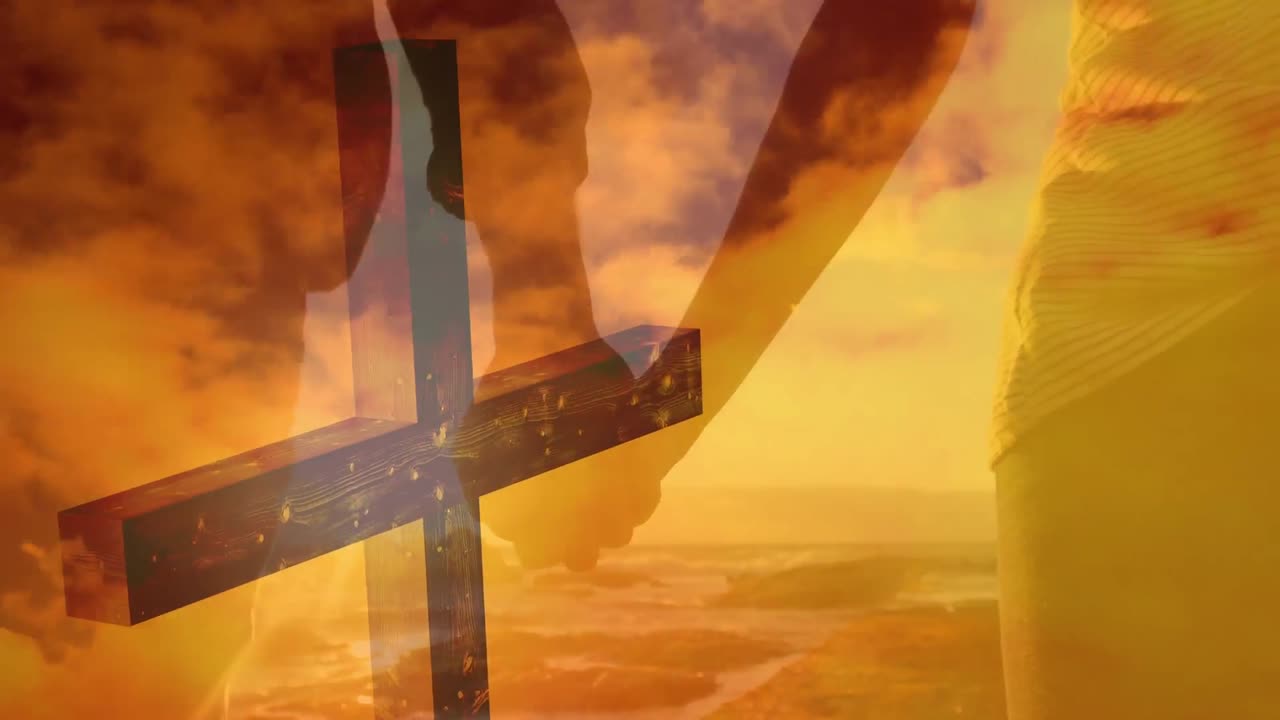 손을 잡고 있는 부부 위 에 있는 그리스도인 십자가 의 애니메이션