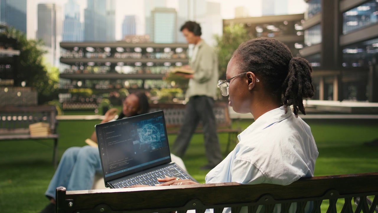 IT engineering student using AI and binary code on laptop screen