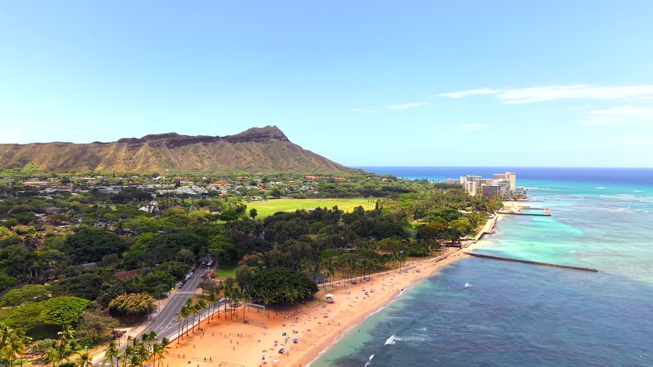 Scenic aerial landscape of Diamond Head and Waikiki shoreline