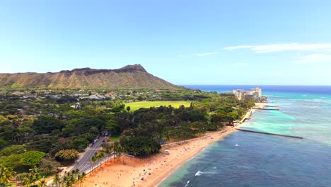 scenic aerial landscape of diamond head and waikiki shoreline