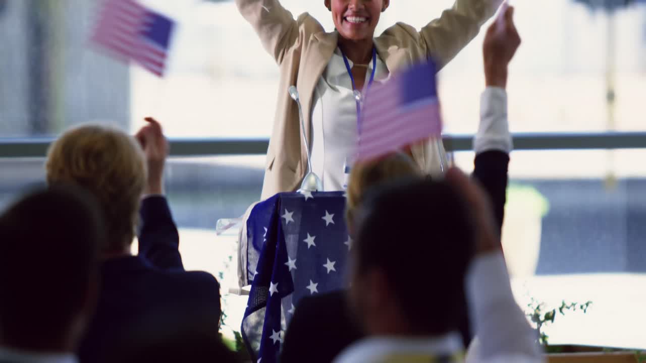Female speaker speaks in a business seminar at modern office 4k