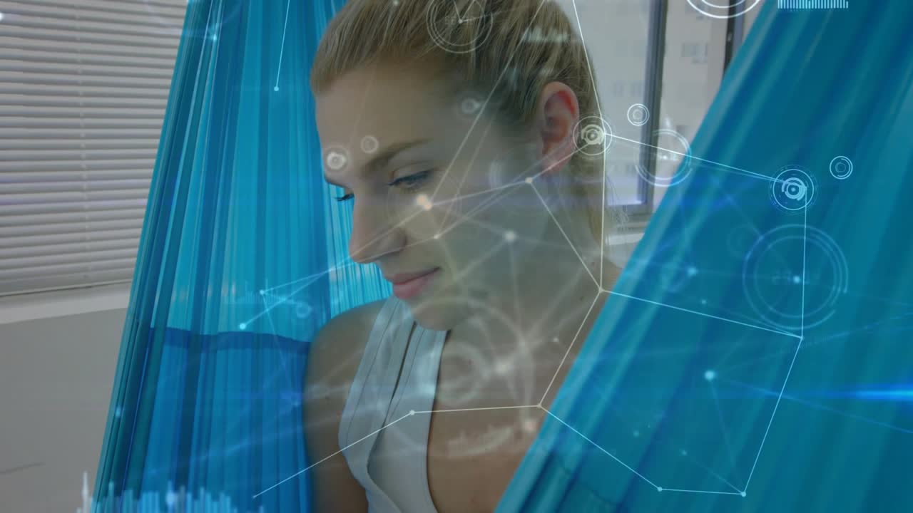 Woman tapping phone in hammock, revealing face and smiling for leisure as tech graphics overlay