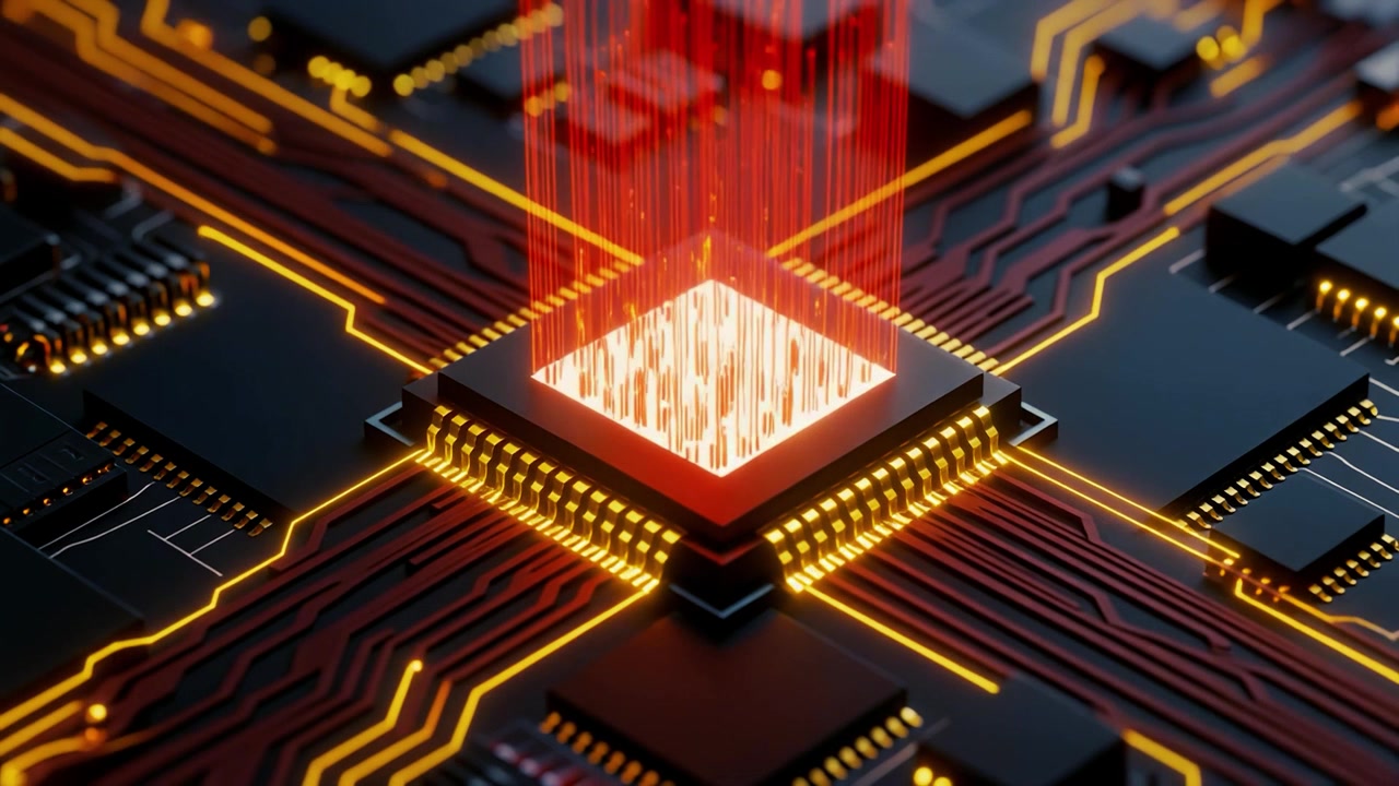 Centrale verwerkingseenheid chip die datastromen uitzendt op een printplaat
