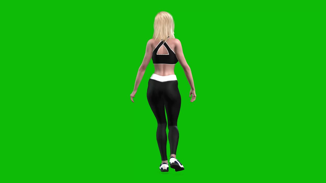 atleta femenina en 3d con traje deportivo, ropa deportiva negra ajustada, caminando feliz en la pantalla verde, animación en bucle en 3d, vista trasera
