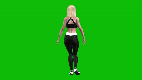 3D-female-athlete-wearing-sports-outfit,-tight-fit-black-sportswear,-happy-walking-on-green-screen,-3D-loop-animation,-back-view