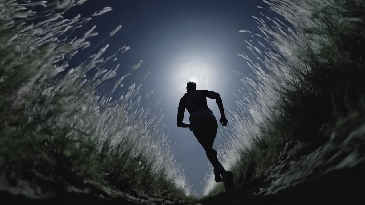 Ripresa dal basso di una persona che corre nell'erba alta di notte, per creare un video dinamico e intenso