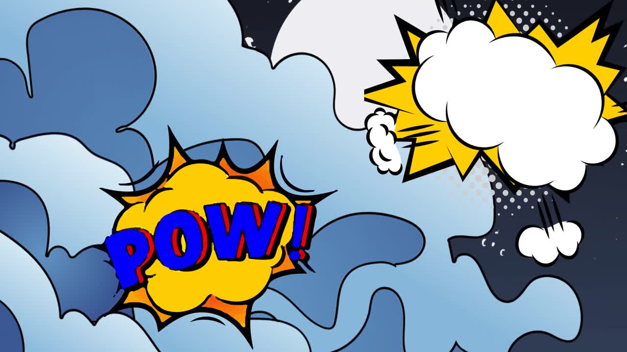 animación de burbujas de discurso de dibujos animados retro que vuelan sobre nubes y paisaje urbano por la noche