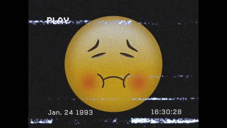 Digital-animation-of-vhs-effect-over-sick-face-emoji-against-black-background