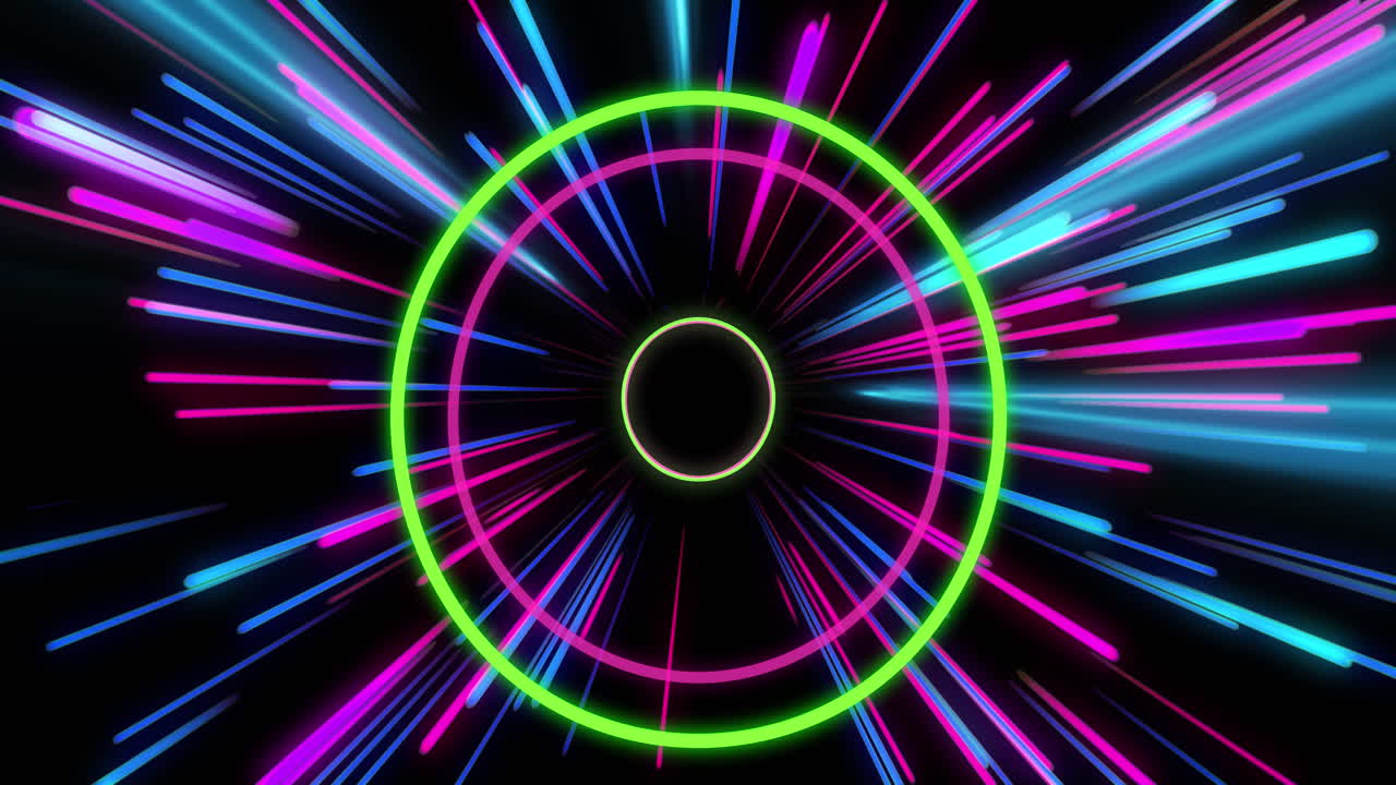 animazione di tracce di luce al neon colorate e cerchi su sfondo nero