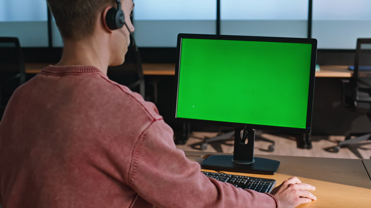 Call center mockup computer at workplace closeup. Man service operator talking
