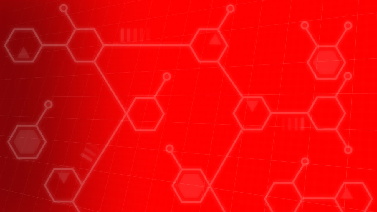 빨간색 배경에 떠다니는 여러 분자 구조의 디지털 애니메이션