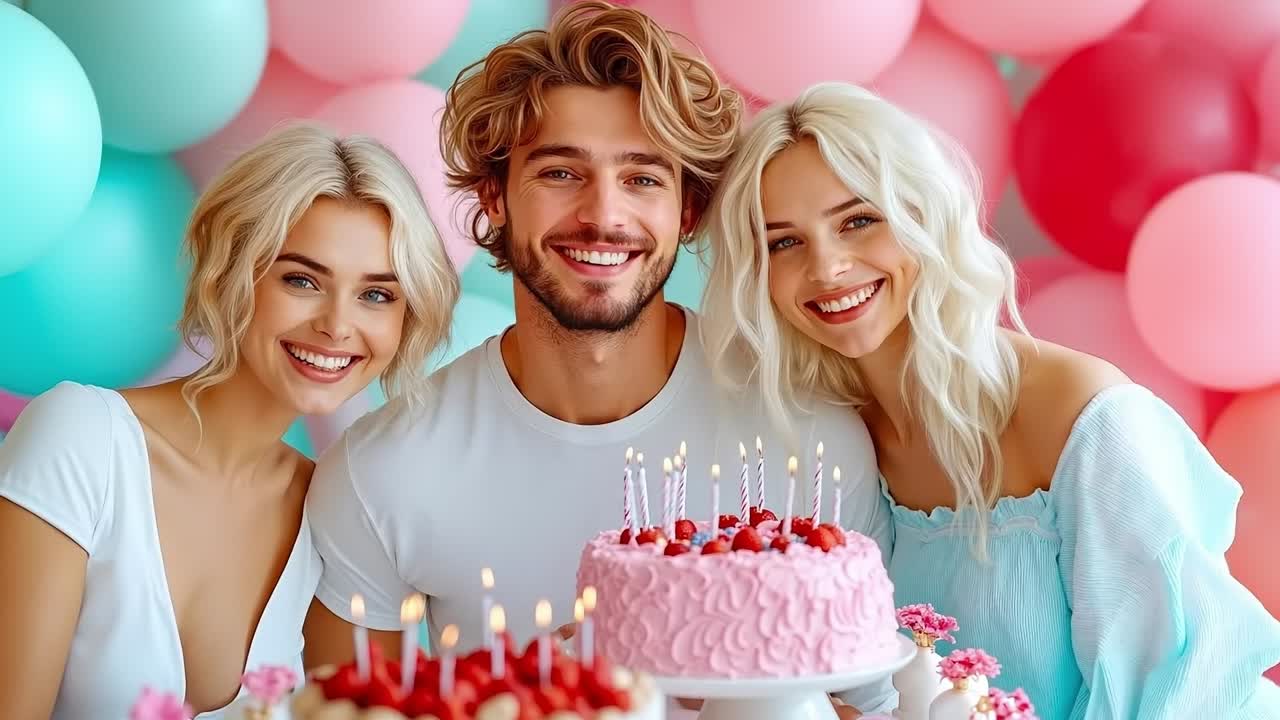 A man and two women standing next to each other in front of a birthday cake