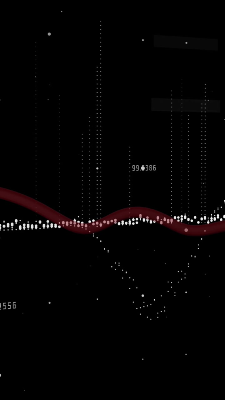 Graph fluctuates with floating blocks and changing numbers on a black background.