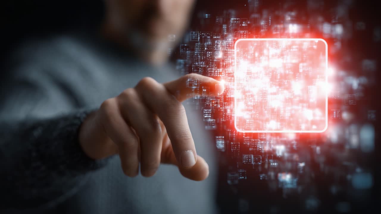 Un primo piano di una persona con dati digitali, che manipola luce e grafica per creare un'interfaccia virtuale ricca di informazioni ed effetti vibranti.