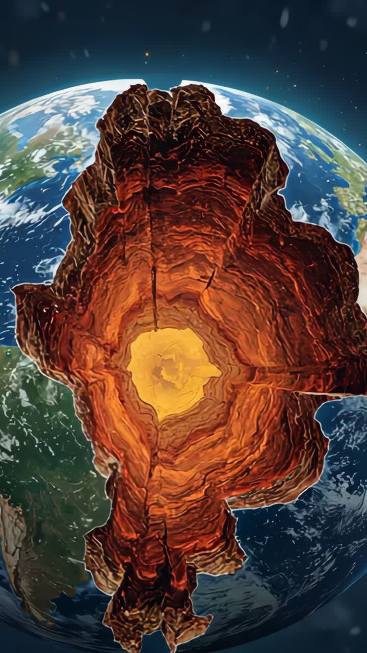 Vertical video: Starting floating 3D Earth in space opening cross section revealing glowing core