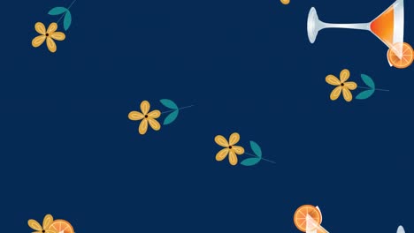 animation of falling flowers and drinks over navy background