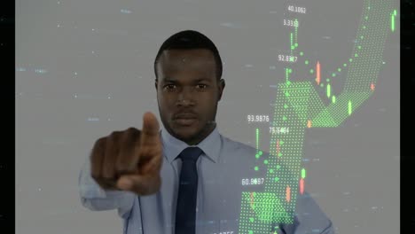 animation of financial data processing over african american businessman