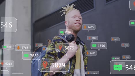animation of social media icons against african american albino man walking on the street
