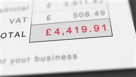 close up animation of growing invoice total in british pounds