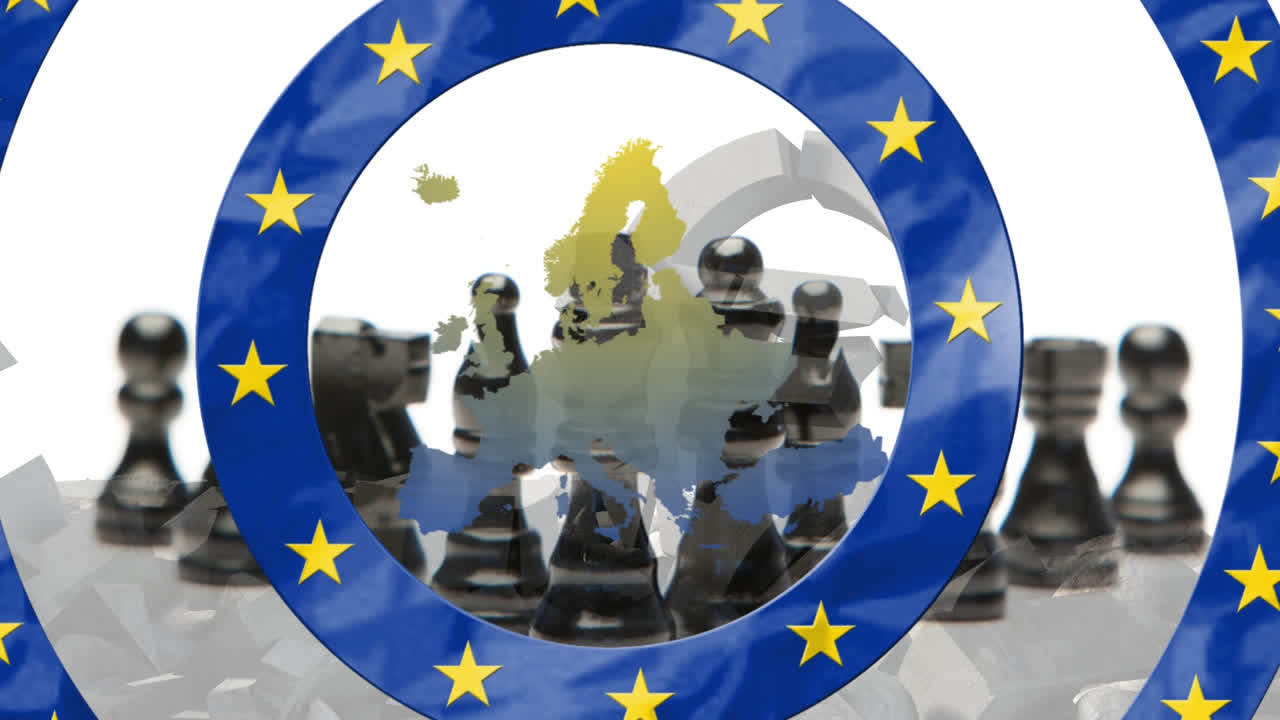 Stelle che ruotano in cerchio sopra una mappa dell'UE su uno sfondo a scacchiera