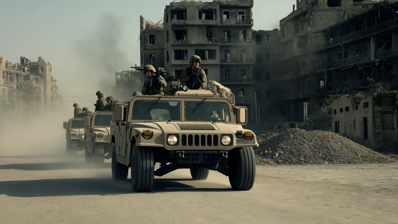Military Convoy Driving Through Ruined City With Armored Humvee Leading Column. Soldiers Man Mounted Weapons