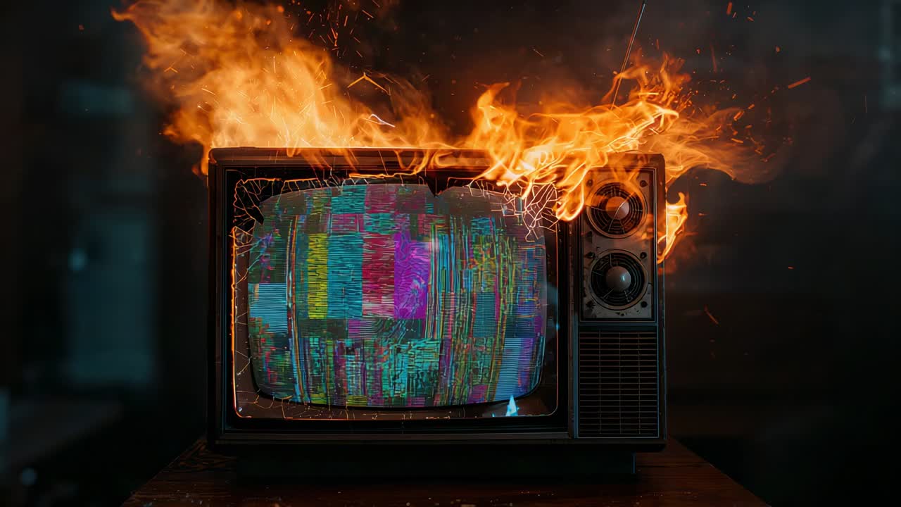 Vintage CRT TV brænder efter gnisttænding på træbord, røg stiger og flammer spreder sig