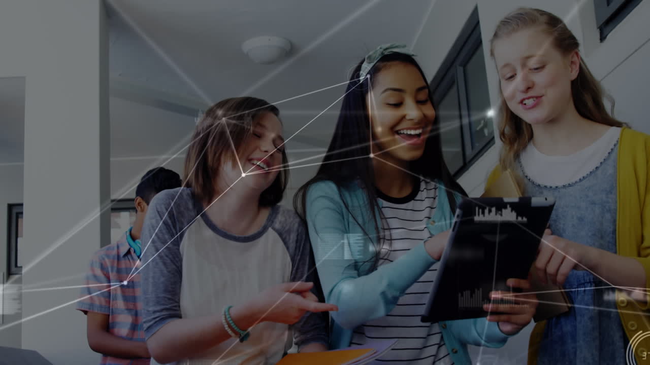 Animation of network of connections over three diverse girls using digital tablet together at school