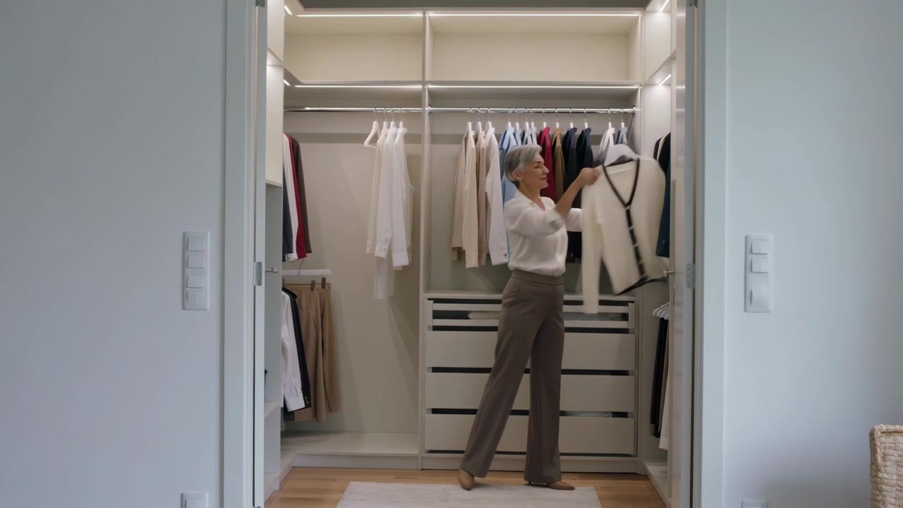 Observando uma senhora de blusa branca caminhando mais fundo em um closet, selecionando um suéter leve.
