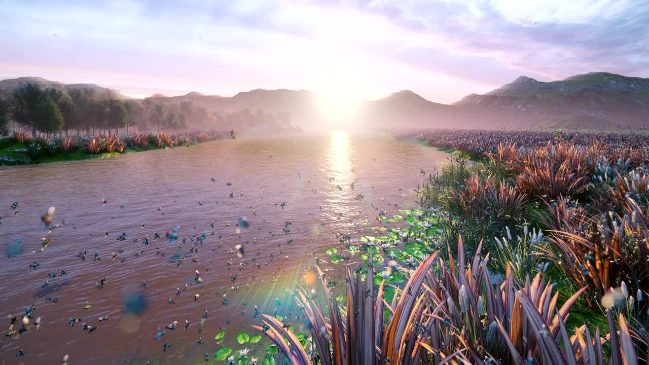 시골의 아름다운 연못의 풍경, 아름다운 자연, 곤충과 새, 모스, 녹색 풀과 반이는 일출과 함께 끝없는, 루프 현실적인 3d 애니메이션.